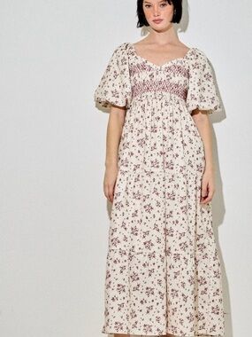 Floral Smocked Puff-Sleeve Maxi Dress - Cream with Rose Print